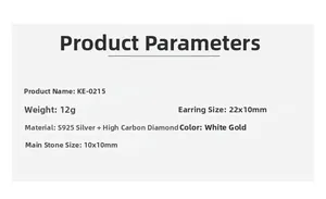 Detailed specifications card for S925 silver earrings with 10x10mm carbon diamond settings