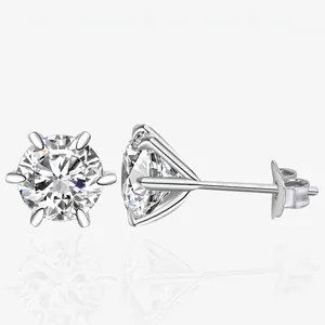 925 Sterling Silver Classic Six-Claw Stud Earrings For Women White Brilliant Cut Round Rhinestone Inlaid Fashion Jewelry Earrings