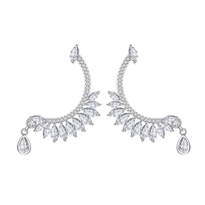 Elegant S925 silver feather earrings with sparkling crystals in a crescent design