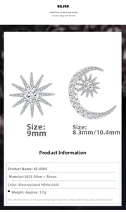 S925 sterling silver sun and moon stud earrings with zircon inlay and detailed dimensions