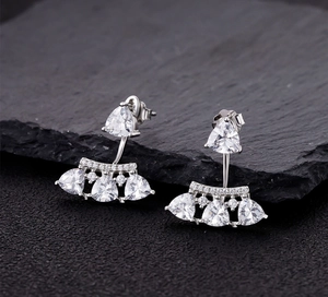 Detailed close-up of S925 silver fan-shaped ear jackets with triangle and pear cut stones