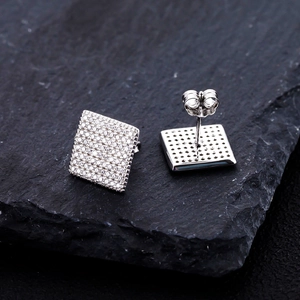 S925 silver square micro-pave zircon stud earrings with premium hollow back detail