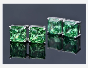 Macro shot of 8ct square green ice-cut diamond earrings in S925 sterling silver studs