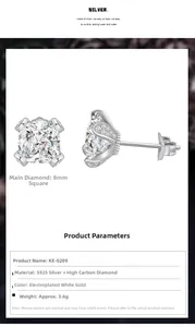 Macro shot of 8mm cushion cut silver stud earrings with 4-prong petal setting and side stones