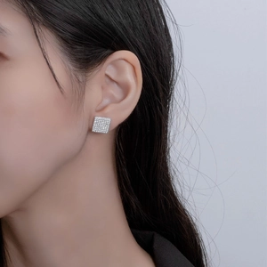 S925 silver square stud earrings for women with full micro-pave sparkling zircon stones