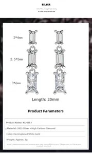 Détails des boucles d'oreilles en argent S925 avec zircons rectangulaires pour femmes