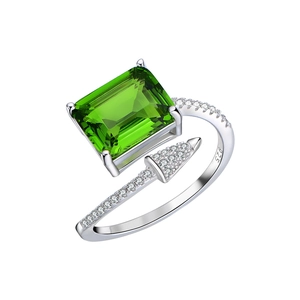 Anello regolabile in argento 925 con freccia e gemma rettangolare verde smeraldo