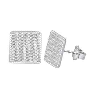 Square S925 sterling silver stud earrings with pavé set cubic zirconia on white background