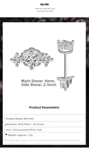 Detail view of 4mm and 2.5mm 5A zircon stones set in S925 sterling silver studs