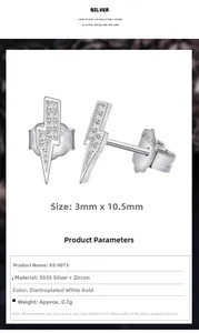 Detailed view of S925 sterling silver lightning bolt earrings with zircon and dimensions