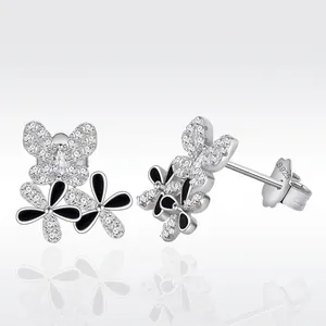 S925 Sterling Silver Butterfly Flower Stud Earrings For Women Elegant Luxurious Black Enamel Zirconia Inlaid Ear Jewelry Gift