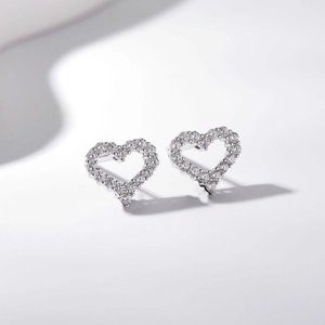 Sparkling S925 silver heart stud earrings with cubic zirconia pavé setting for women