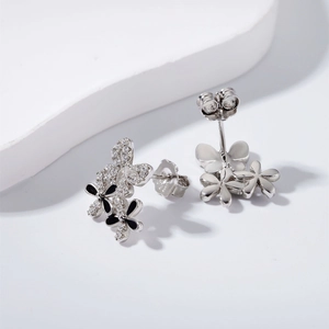 S925 sterling silver butterfly and petal stud earrings with cubic zirconia and black oil drip
