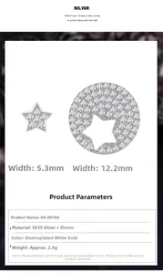 Detail view of S925 sterling silver asymmetric star studs with zircon micro-pave setting