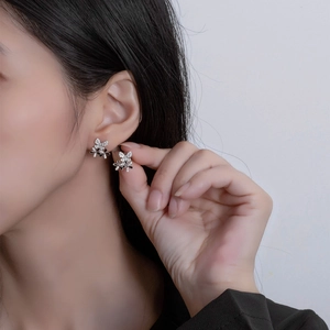 Elegant S925 silver butterfly petal stud earrings with cubic zirconia and black enamel