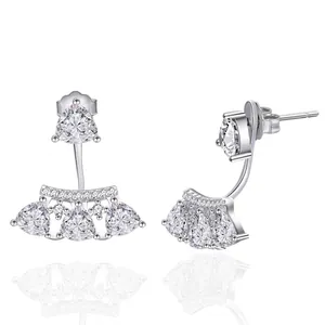 925 Sterling Silver Fan Shaped Zirconia Ear Jacket Stud Earrings For Women Triangle Cut Punk Western Fashion Jewelry