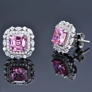 Luxurious pink emerald cut stud earrings with double halo diamonds in 925 sterling silver