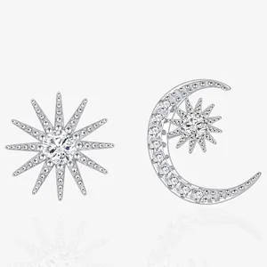 925 Sterling Silver Sun And Moon Asymmetric Stud Earrings With Zirconia Inlaid Electroplated Fashion Jewelry For Women