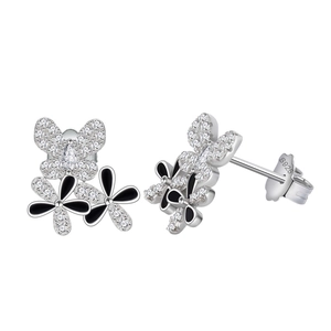 S925 sterling silver butterfly floral stud earrings with black enamel and zircons