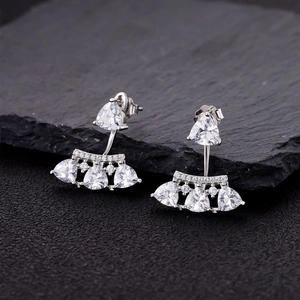 S925 silver ear jackets with triangle and fan-shaped sparkling carbon diamond stones