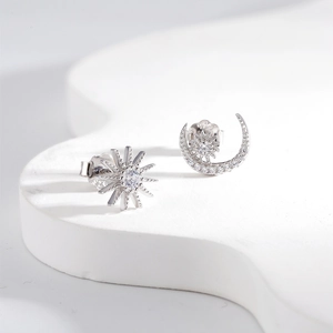 Asymmetric S925 sterling silver sun and moon stud earrings with zircon inlay