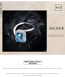 Detail of 925 silver ring featuring emerald cut deep blue stone and pave set diamonds
