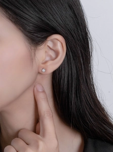 Close-up of sparkling star-shaped silver stud earring with pavé diamonds on model ear