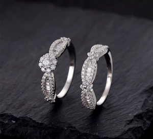 Macro shot of silver sterling nesting ring set with snowflake zircon flower cluster