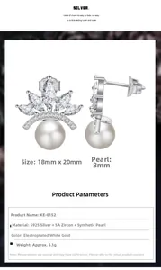 Detailed view of S925 sterling silver crown pearl earrings with 5A cubic zirconia stones