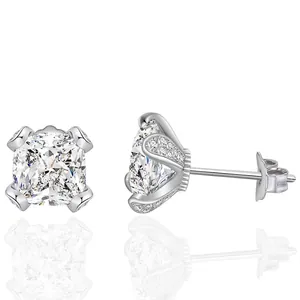 925 Sterling Silver Princess Cut Square Rhinestone Stud Earrings For Women Elegant Geometric Cube Silver Earrings Wedding Jewelry