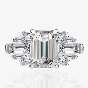 Luxury Emerald Cut Zirconia Ring For Women 925 Sterling Silver Art Deco Geometric Wedding Party Fashion Jewelry Gift