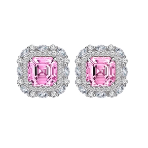 Luxury pink asscher cut high carbon diamond earrings with 925 silver halo setting