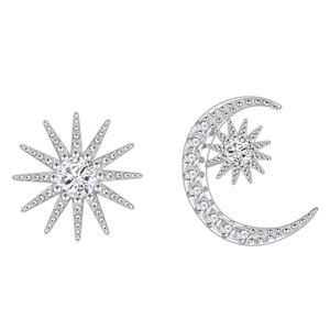 Elegant S925 sterling silver sun and moon stud earrings with clear sparkling crystals