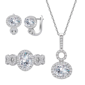 Parure de bijoux luxe en argent 925 avec bagues, colliers et boucles d'oreilles halo ovales