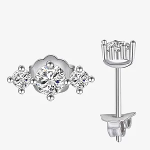 925 Sterling Silver Three Stone Zirconia Stud Earrings For Women Minimalist Four-Prong Round Geometric Fashion Jewelry Gift