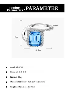 Detail view of 8x10mm emerald cut blue gem ring in 925 silver with size parameters