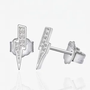 925 Sterling Silver Lightning Bolt Stud Earrings For Women Minimalist Zirconia Inlaid Tiny Geometric Earrings Fashion Jewelry