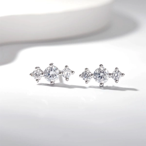 S925 sterling silver stud earrings with three round cubic zirconia stones in 4-prong setting