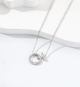 Macro view of sterling silver necklace with rhinestone-encrusted circle and T-bar pendant