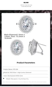 Detail view of oval high carbon diamond jewelry set in S925 silver with specs