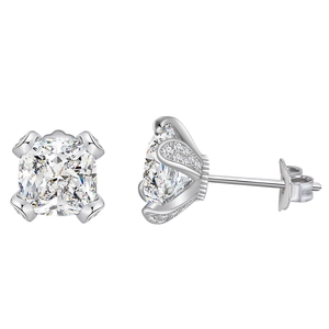 Princess-cut 8x8mm square stud earrings in 925 silver with crown setting and micro-pave