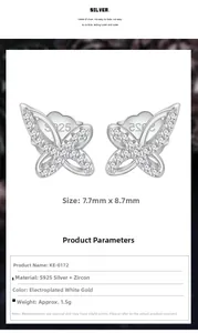 Detailed specs of S925 silver bow earrings with zircon stones and 7.7x8.7mm dimensions