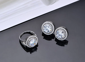 Detailed view of S925 sterling silver ring and earrings set with halo cut gemstones