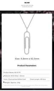 Detail view of S925 sterling silver paperclip pendant with pavé cubic zirconia inlay