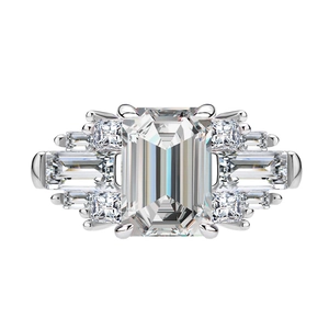 Art Deco S925 silver ring with 8x10mm emerald cut stone and side trapezoid diamonds