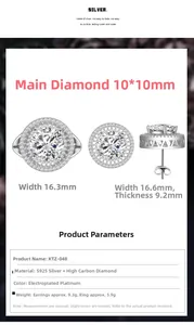 Detailed size chart for 10mm round cut high carbon diamond earrings and S925 silver ring