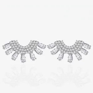 925 Sterling Silver Fan Shaped Stud Earrings For Women Luxurious Radiant Rhinestone Micro Inlaid Wedding Party Jewelry