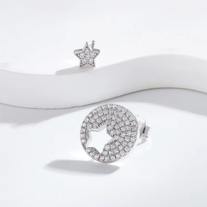 Asymmetric S925 sterling silver star stud earrings with pave set sparkling cubic zirconia
