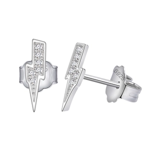 Minimalist S925 sterling silver lightning bolt stud earrings with cubic zirconia stones