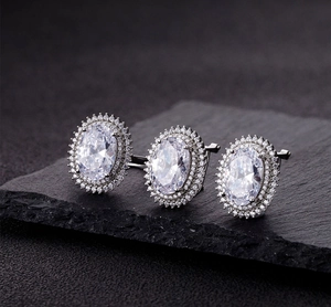 Macro detail of oval cut high carbon diamond ring with double halo pavé setting in S925 silver